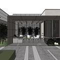 Modern Entrance Gate Design With Metal Frame Glass And Green Trees Slate Floor