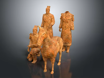 Ancient Terracotta Sculptures with Detailed Standing Kneeling Figures Horse Statue Textured Surface 3d model