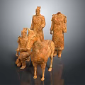 Ancient Terracotta Sculptures with Detailed Standing Kneeling Figures Horse Statue Textured Surface