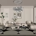 Cream Style Living Room Sofa Coffee Table Combination Background Wall Chandelier Combination Hanging Picture Bucket Cabinet Bookshelf 3d model