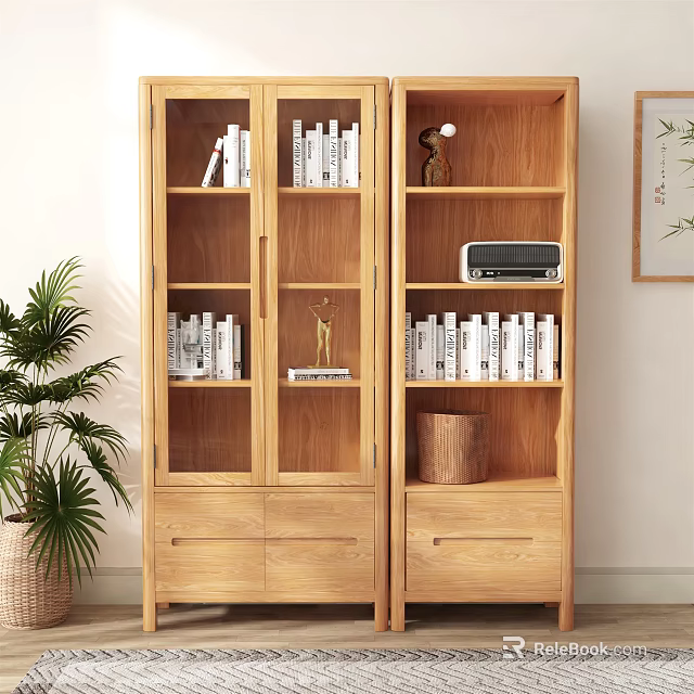 Natural Wood Bookshelf with Glass Doors Open Shelves Books Decorative Items and Bottom Drawers 3d model 