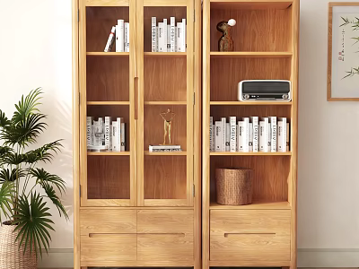 Natural Wood Bookshelf with Glass Doors Open Shelves Books Decorative Items and Bottom Drawers 3d model