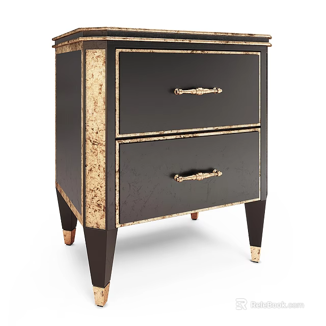 Elegant Black Nightstand With Gold Accents Two Drawers And Dark Wood Legs Design 3d model 