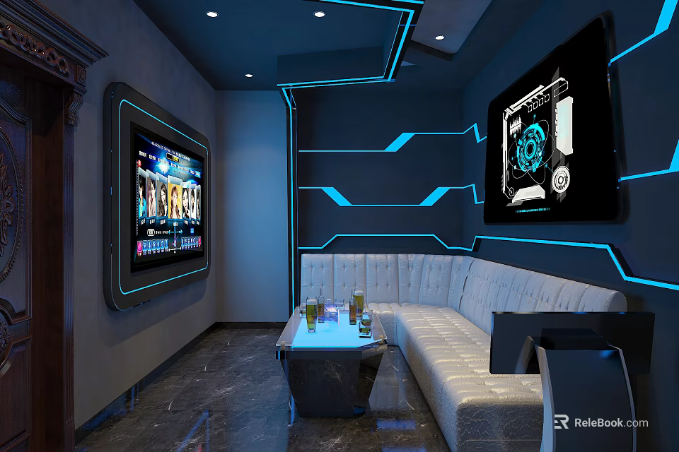 Modern KTV Room Featuring Large Screen TVs Blue Lighting White Sofa Coffee Table And Drinks 3d model 