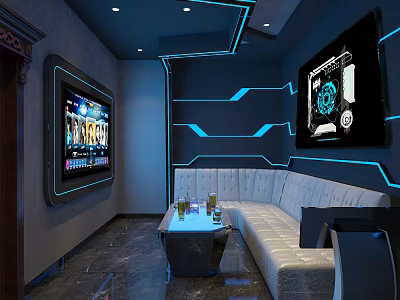 Modern KTV Room Featuring Large Screen TVs Blue Lighting White Sofa Coffee Table And Drinks 3d model
