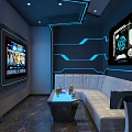 Modern KTV Room Featuring Large Screen TVs Blue Lighting White Sofa Coffee Table And Drinks 3d model