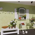 Green Wall Flower Shop Interior With Window White Shutters Hanging Plants And Flower Bouquets