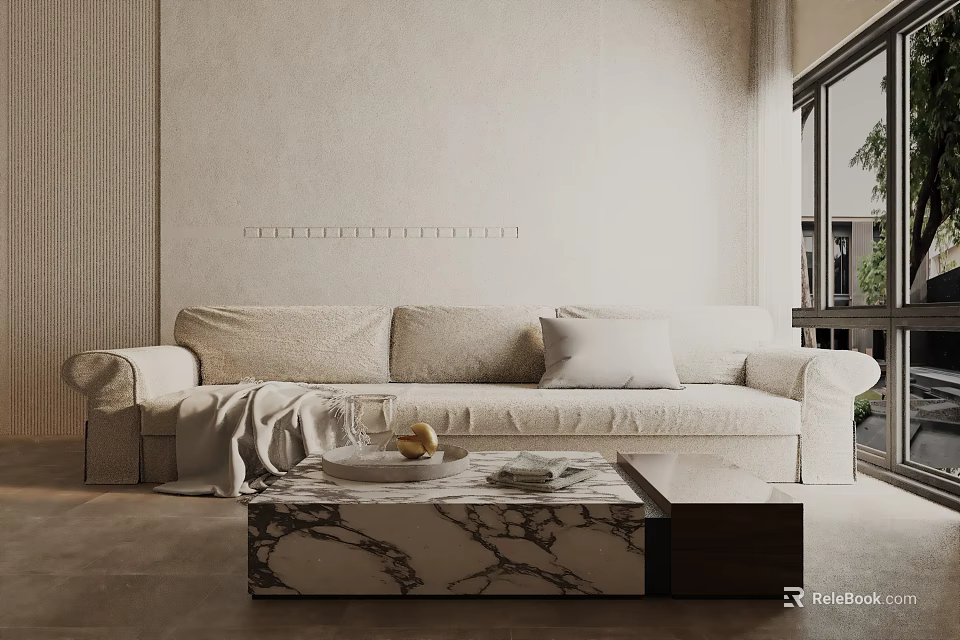 Three Seater Sofa In Minimalist Living Room With Marble Coffee Table Plush Pillows Cozy Blanket 3d model 