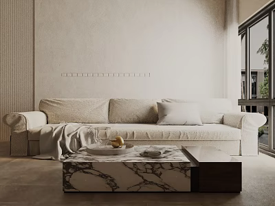 Three Seater Sofa In Minimalist Living Room With Marble Coffee Table Plush Pillows Cozy Blanket 3d model