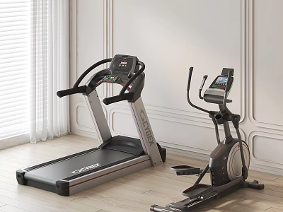 Home Gym Fitness Equipment Treadmill And Elliptical Trainer With Digital Displays In Modern Indoor Space 3d model