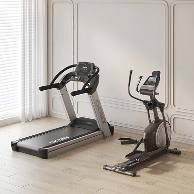 Home Gym Fitness Equipment Treadmill And Elliptical Trainer With Digital Displays In Modern Indoor Space 3d model