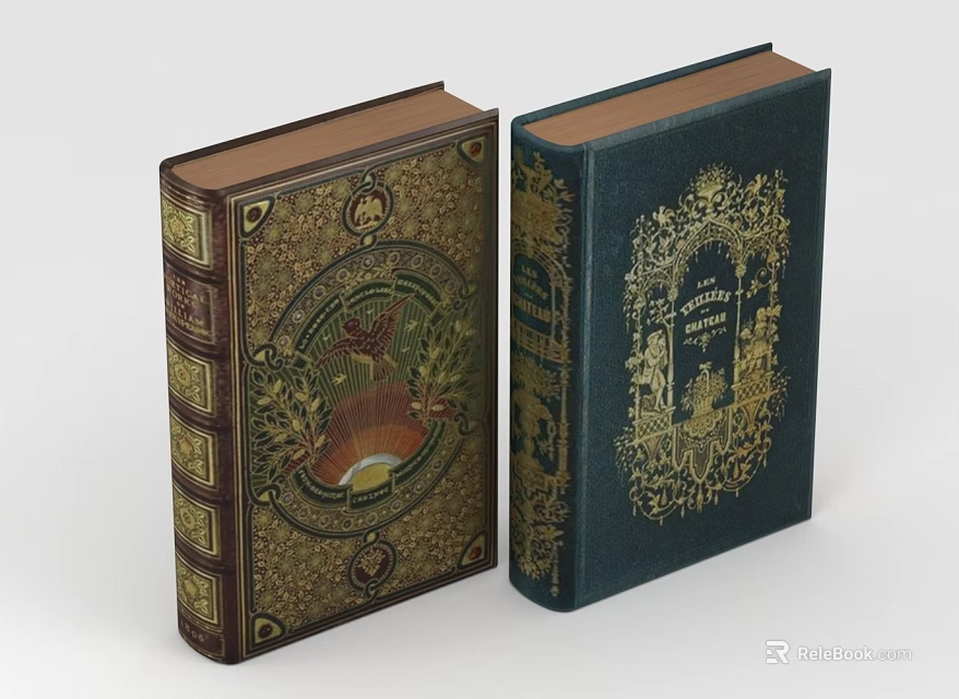 Vintage Antique Books With Brown And Navy Blue Covers And Intricate Golden Patterns 3d model 