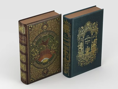 Vintage Antique Books With Brown And Navy Blue Covers And Intricate Golden Patterns 3d model