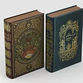 Vintage Antique Books With Brown And Navy Blue Covers And Intricate Golden Patterns