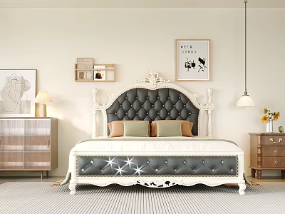 Elegant Double Bed With Tufted Black Headboard White Carved Frame And Bedside Tables 3d model