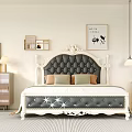 Elegant Double Bed With Tufted Black Headboard White Carved Frame And Bedside Tables