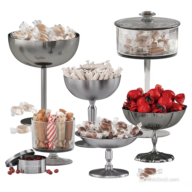 Colorful Candy Assortment in Metal Pedestal Bowls and Glass Jars with Sweets 3d model 