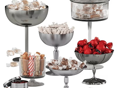 Colorful Candy Assortment in Metal Pedestal Bowls and Glass Jars with Sweets 3d model