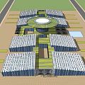 Modern Architectural Complex Featuring Circular Green Roof Rectangular Building Modules And Yellow Road Markings 3d model