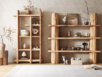 Rustic Wooden Curio Shelves With Ceramic Vases And Antique Decor 3d model