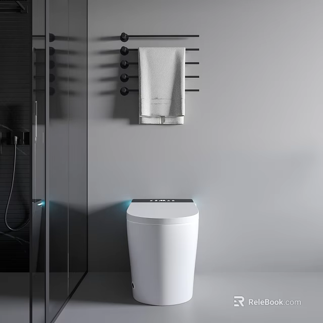 Modern Bathroom Smart White Toilet With Shower Area And Towel Rack 3d model 