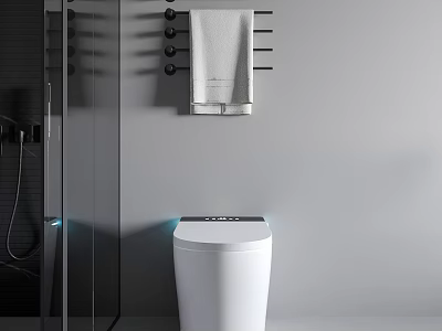Modern Bathroom Smart White Toilet With Shower Area And Towel Rack 3d model