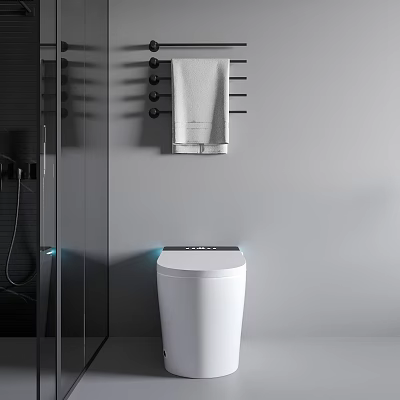 Modern Bathroom Smart White Toilet With Shower Area And Towel Rack 3d model
