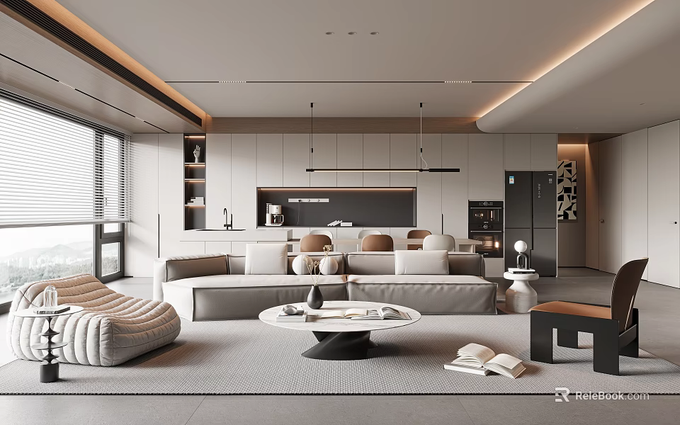 Modern Open Concept Living Dining Space With Neutral Tones Sofa And Cabinets 3d model 