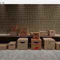 Decorative Cardboard Boxes With Diverse Patterns On Woven Wall And Gray Floor 3d model