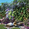 Living Plant Wall Featuring Wisteria Blooms Greenery Purple Pink Flowers Deer Sculpture Stream And Grass