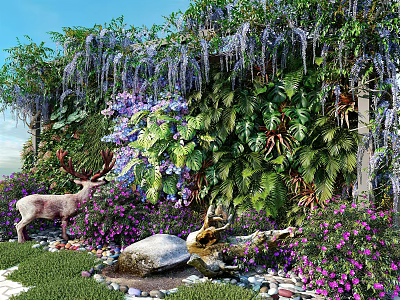 Living Plant Wall Featuring Wisteria Blooms Greenery Purple Pink Flowers Deer Sculpture Stream And Grass 3d model