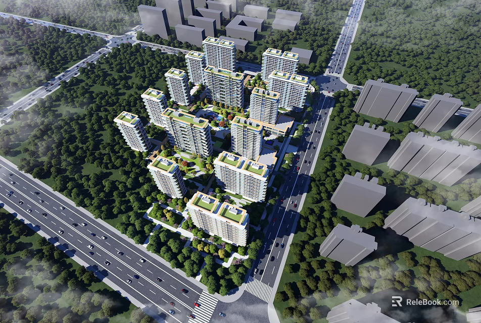Aerial View Residential Community Planning With High Rise Buildings Green Spaces And Roads 3d model 