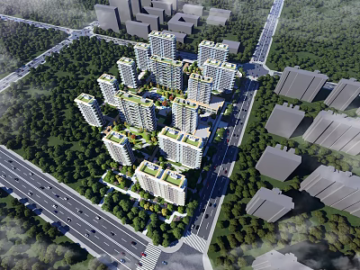 Aerial View Residential Community Planning With High Rise Buildings Green Spaces And Roads 3d model