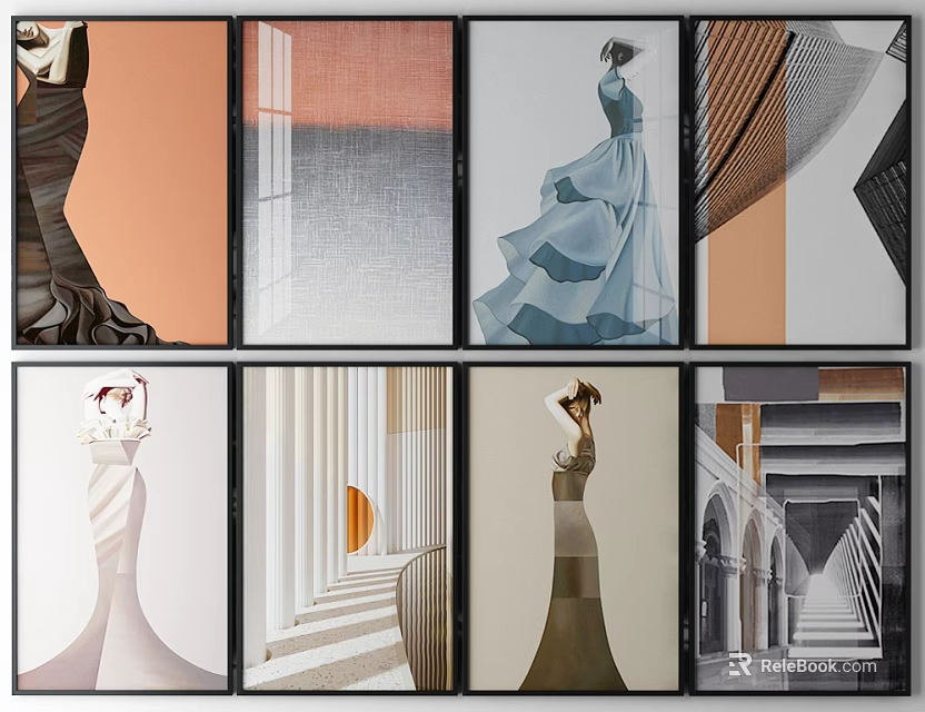 Art Prints Featuring Women In Elegant Dresses With Architectural Column Stair And Geometric Patterns 3d model 