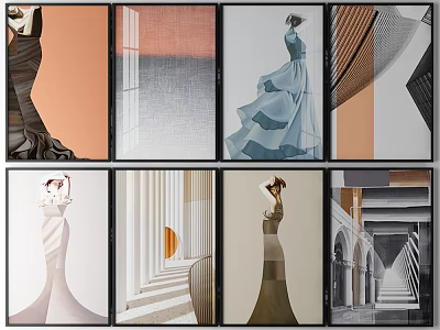 Art Prints Featuring Women In Elegant Dresses With Architectural Column Stair And Geometric Patterns 3d model