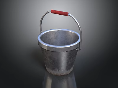 Sturdy Shiny Silver Metallic Bucket With Red Handle And Round Rim 3d model