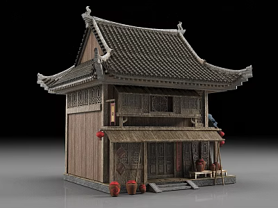 Traditional Chinese Ancient Building With Wooden Structure Tiled Roof Curved Eaves Red Lanterns And Carved Windows 3d model