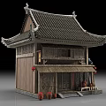 Traditional Chinese Ancient Building With Wooden Structure Tiled Roof Curved Eaves Red Lanterns And Carved Windows