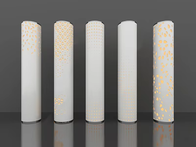 Five Different Cylindrical Outdoor Lights With Decorative Cutout Patterns Emitting Warm Glow 3d model