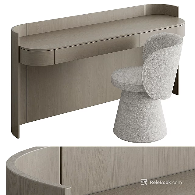 Modern Minimalist Light Wood Dressing Table With Curved Drawers And Matching Chair 3d model 