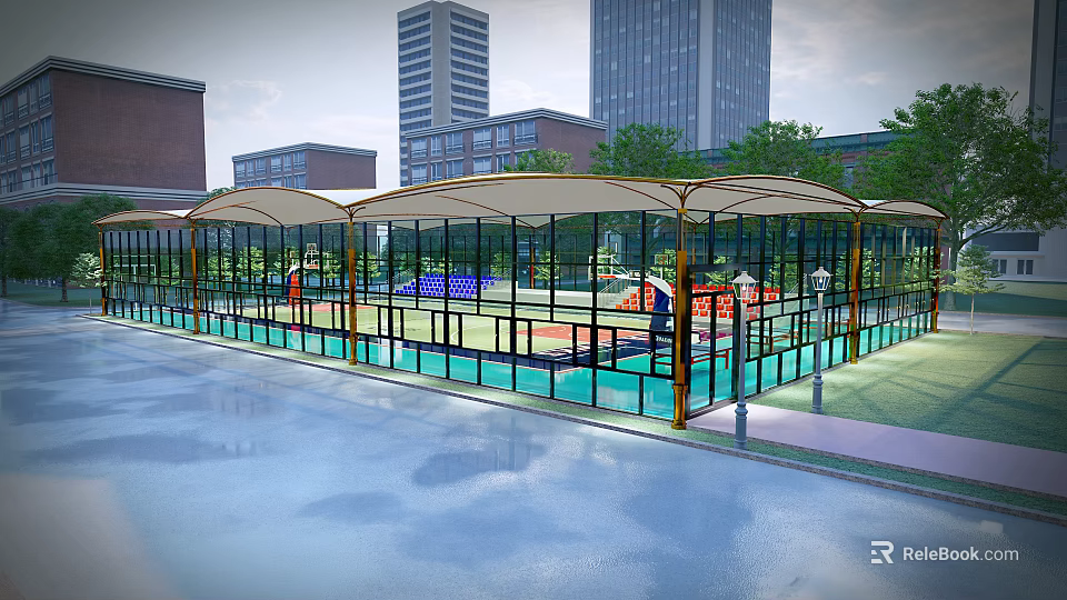 Outdoor Basketball Court with Glass Enclosure Surrounded by Tall Buildings and Greenery 3d model 
