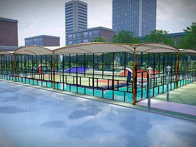 Outdoor Basketball Court with Glass Enclosure Surrounded by Tall Buildings and Greenery 3d model