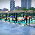 Outdoor Basketball Court with Glass Enclosure Surrounded by Tall Buildings and Greenery