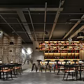 Stylish Bar Interior Design With Wooden Tables Chairs Pendant Lights Decorative Wall And Checkerboard Floor