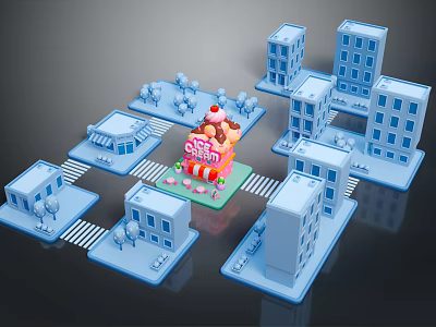 Cartoon City Scene Featuring Pink Cake Building Blue Buildings Streets And Trees 3d model