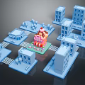 Cartoon City Scene Featuring Pink Cake Building Blue Buildings Streets And Trees