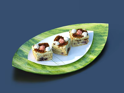 Three Square Desserts Topped With Cream And Crumbs On Green Leaf Shaped Plate 3d model