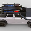 Silver Off Road Style Car with Surfboard Red Light on Roof and Front Grille Design