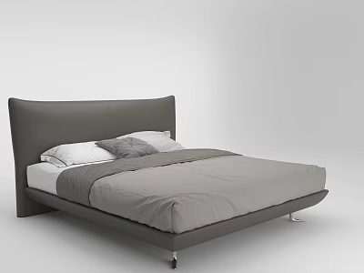 Modern Grey Double Bed With Upholstered Headboard White Pillows And Metal Legs 3d model