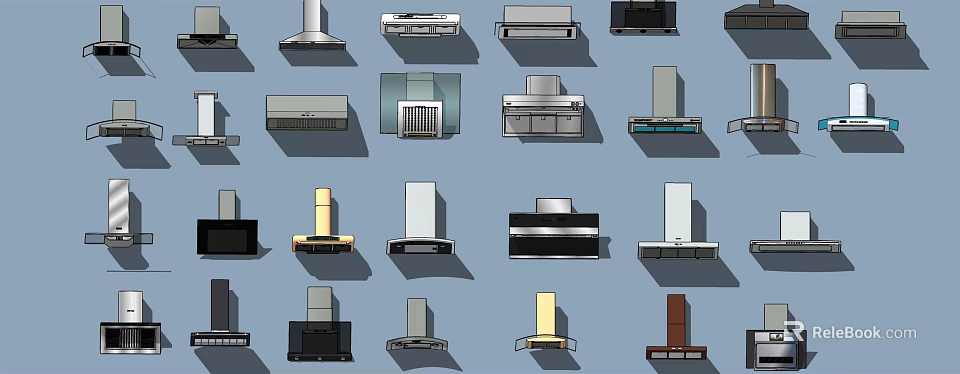 Modern Kitchen Appliances Featuring Various Stylish Range Hood Designs 3d model